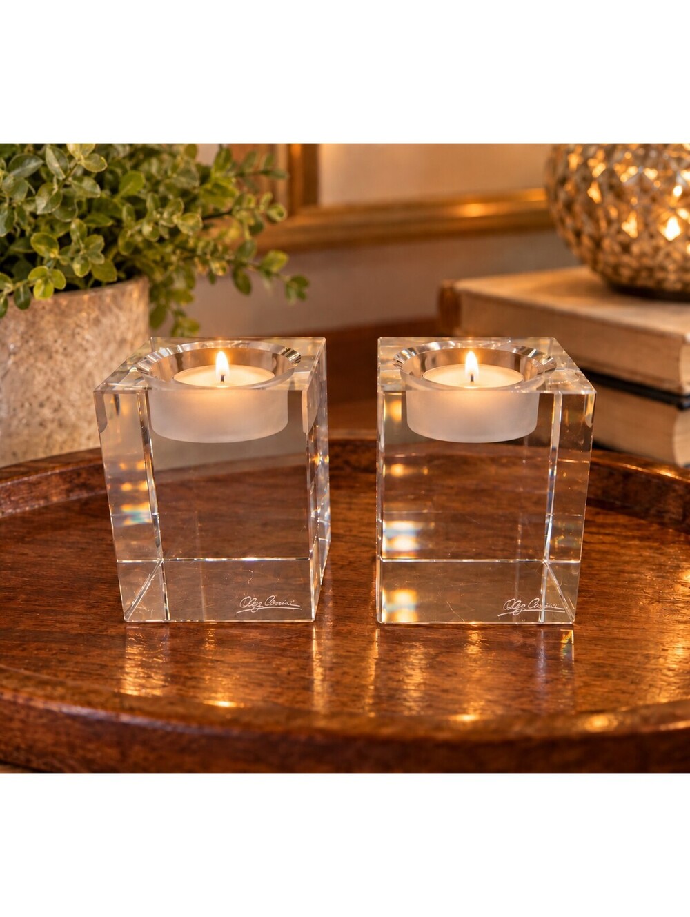 Vintage Oleg Cassini Crystal Votive Candle Holders Signed Pair Geometric